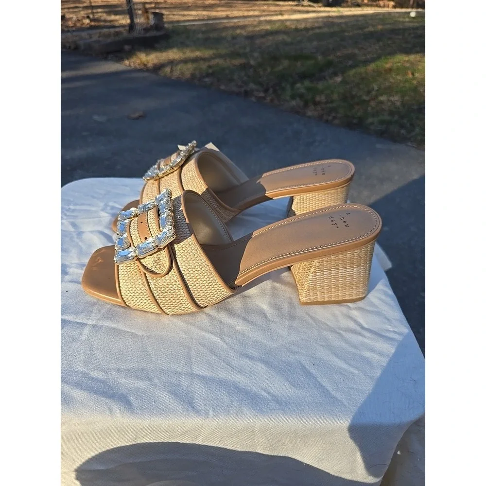 Women's Kathleen Raffia Buckle‎ Block Heels Beige A New Day Size 8 Neutral NWT